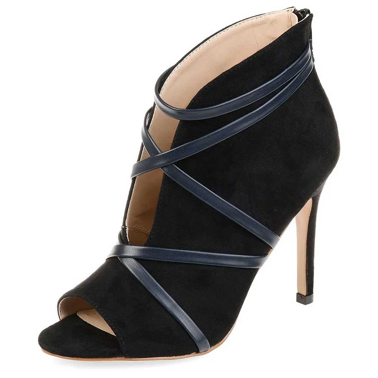 Custom Made Black Vegan Suede and Navy Strap Peep Toe Ankle Boots |FSJ Shoes