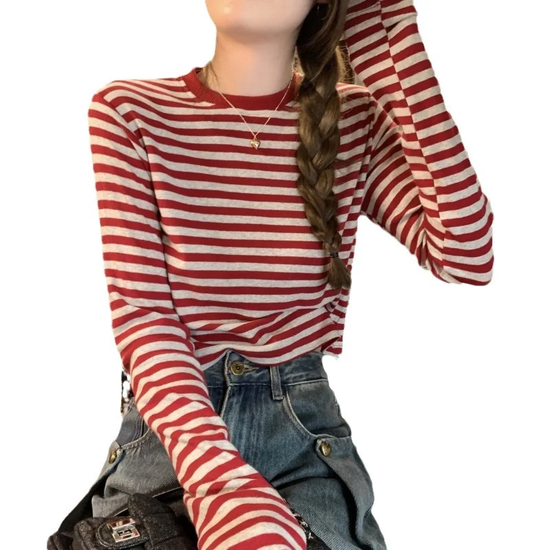 Uveng Uveng Color Striped Long-Sleeved T-Shirt Female Autumn 2024 New Casual Look Thin With A Bottom Shirt Short Student Top