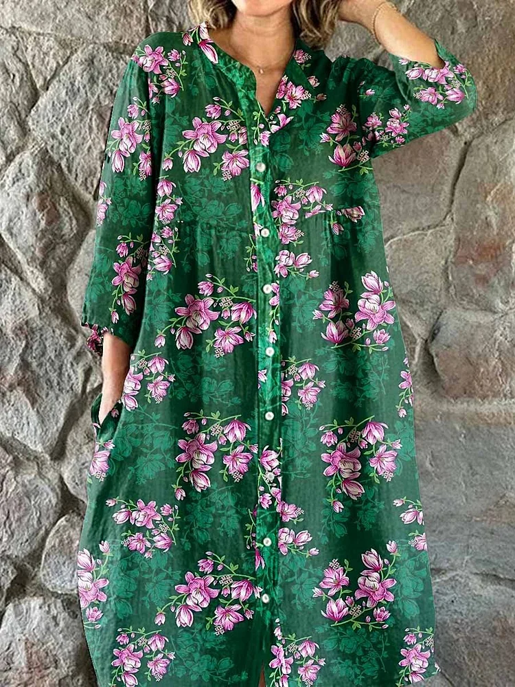 Women's Elegant Retro Floral Print Shirt Style Cotton Linen Dress