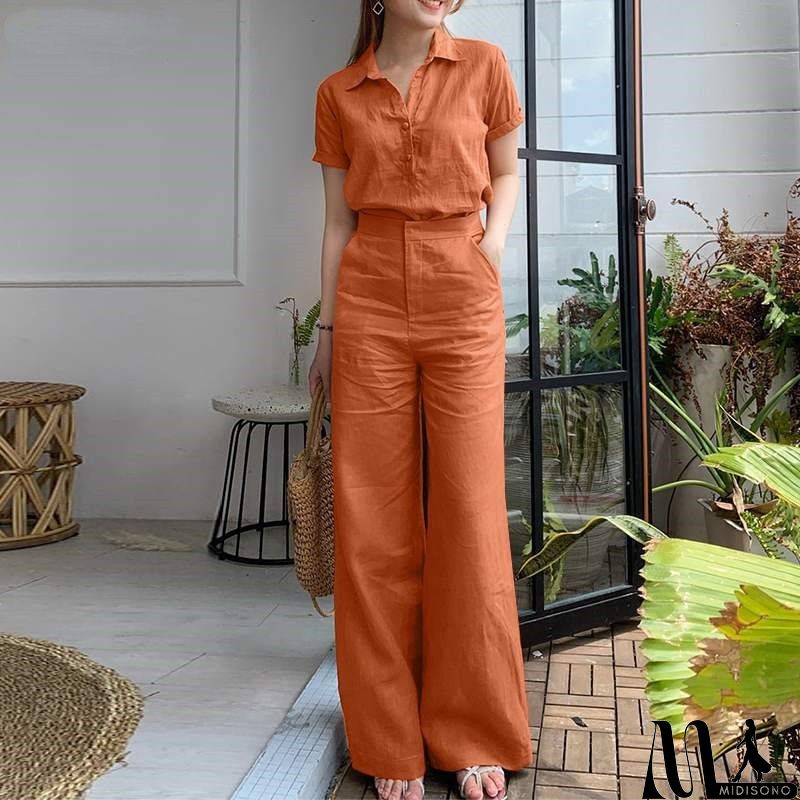 MidiSono - Women Fashion Casual Solid Color Lapel Short Sleeve Top Pants Two-Piece Set