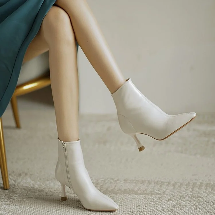 Churchf Churchf Heel Ankle Boots Women Korean Version Of Autumn And Winter New Ankle Boots Small Heel White Pointed French Thin Heel Side Zipper Martin Boots Women