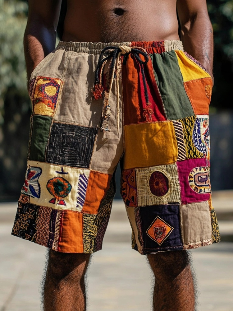 Men's African Ethnic Patchwork Casual Linen Shorts