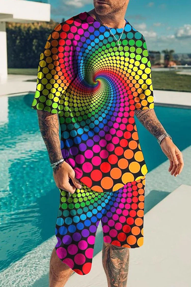 Colorful Polka Dot Fun Swirl Print T-Shirt And Short Co-Ord