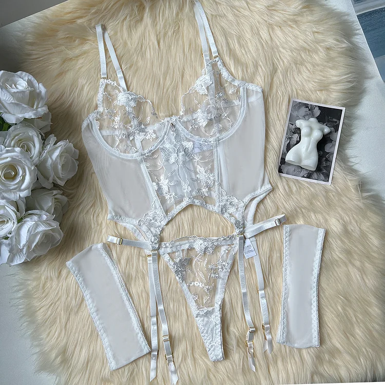 Sexy See-through & Push up Corsets Floral Lace & Mesh Lingerie Garter Sets