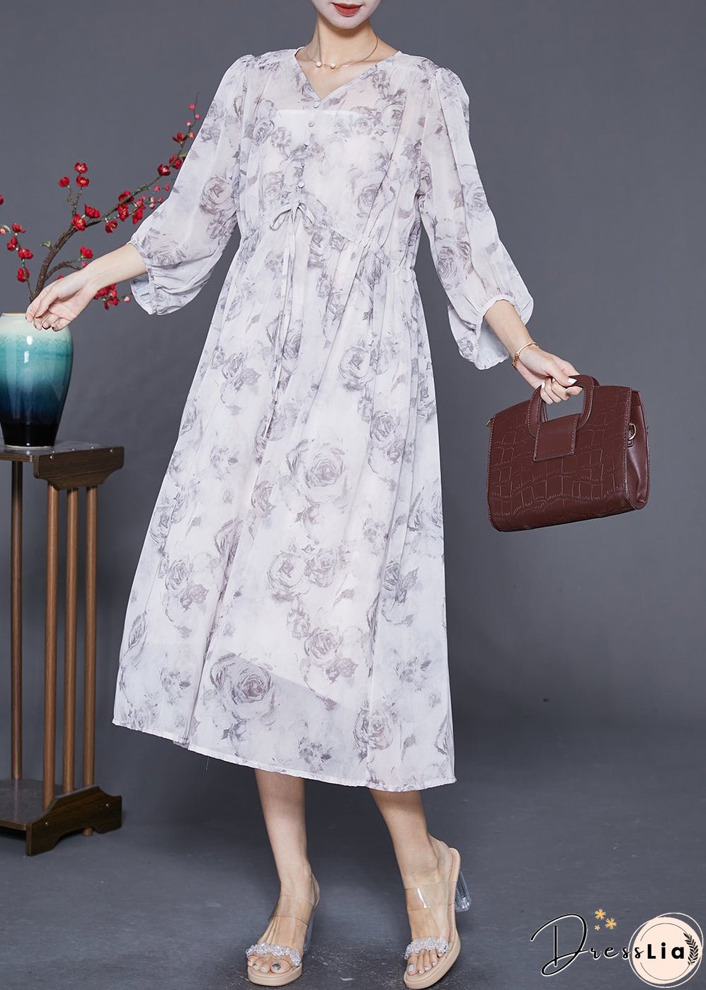 Women White Cinched Rose Print Chiffon Party Dress Summer