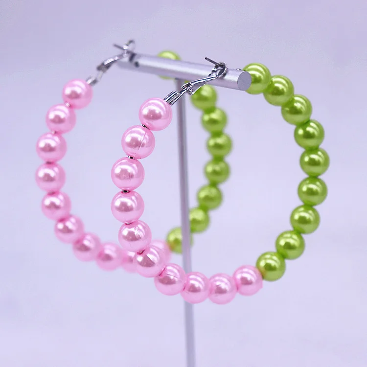 New Design Pink Green Imitation Pearl Wire Women Service Gifts Jewelry Greek Sorority Label Alpha Earrings