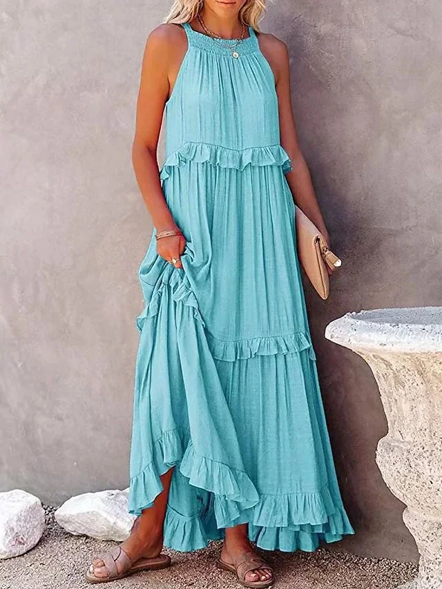 Uveng Style Ruffled Long Dress Wide Hem Dresses