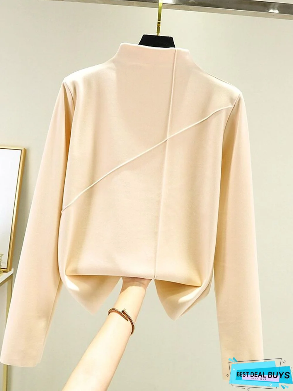 Women's T shirt Tee Light Pink dark brown A Plain Long Sleeve Daily Basic High Neck Regular Fleece lined XXL (recommended 140-160 catties)