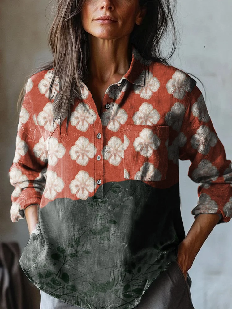 Women's Japanese Flower Art Print Casual Cotton And Linen Shirt
