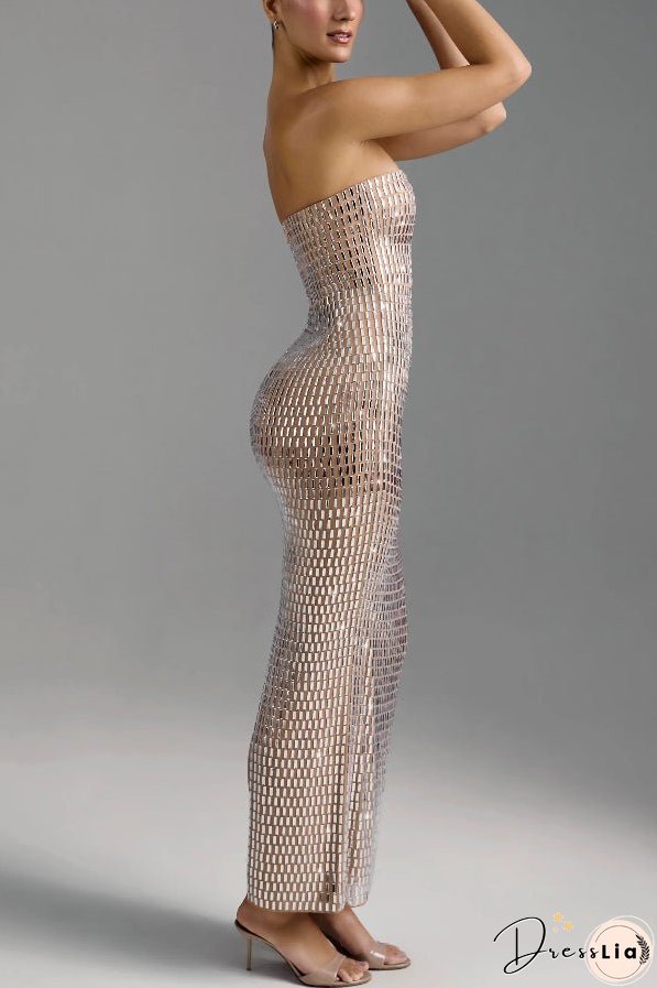 Flash Sculpture Rhinestone Embellished Bandeau Slit Stretch Maxi Dress