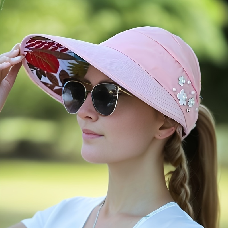 Vibrant Beaded Flower Decor Visor Hat - Foldable, UV Protection, Trendy Solid Color Design for Women's Daily Outdoor Use - Perfect for Summer Sun Protection and Stylish Fashion