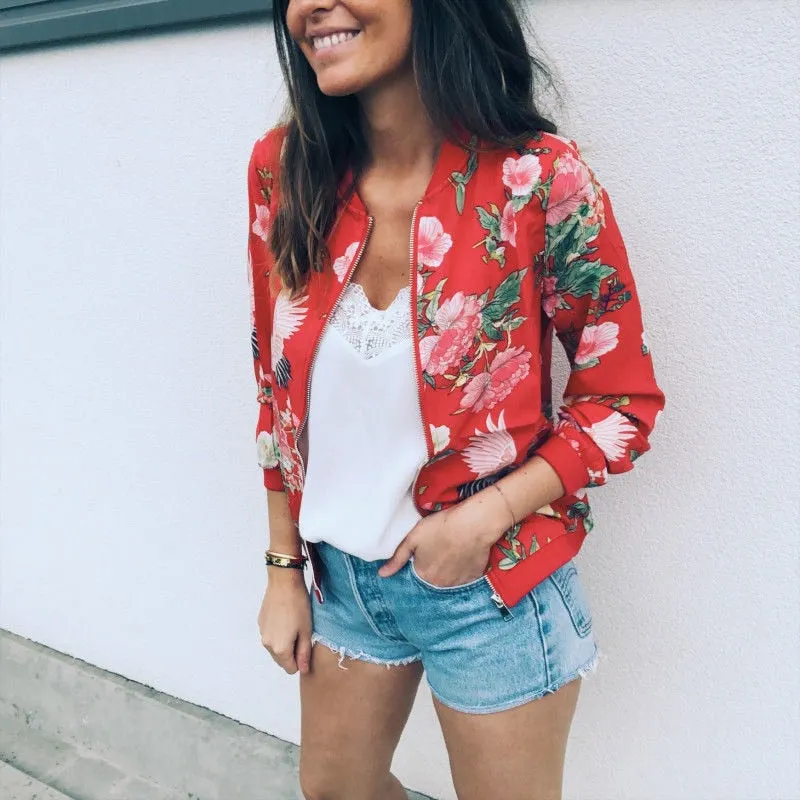 Women Jackets Retro Floral Printed Ladies Zipper Up Bomber Outwear Spring Long Sleeve Short Thin Slim Casual Pocket Biker Coats