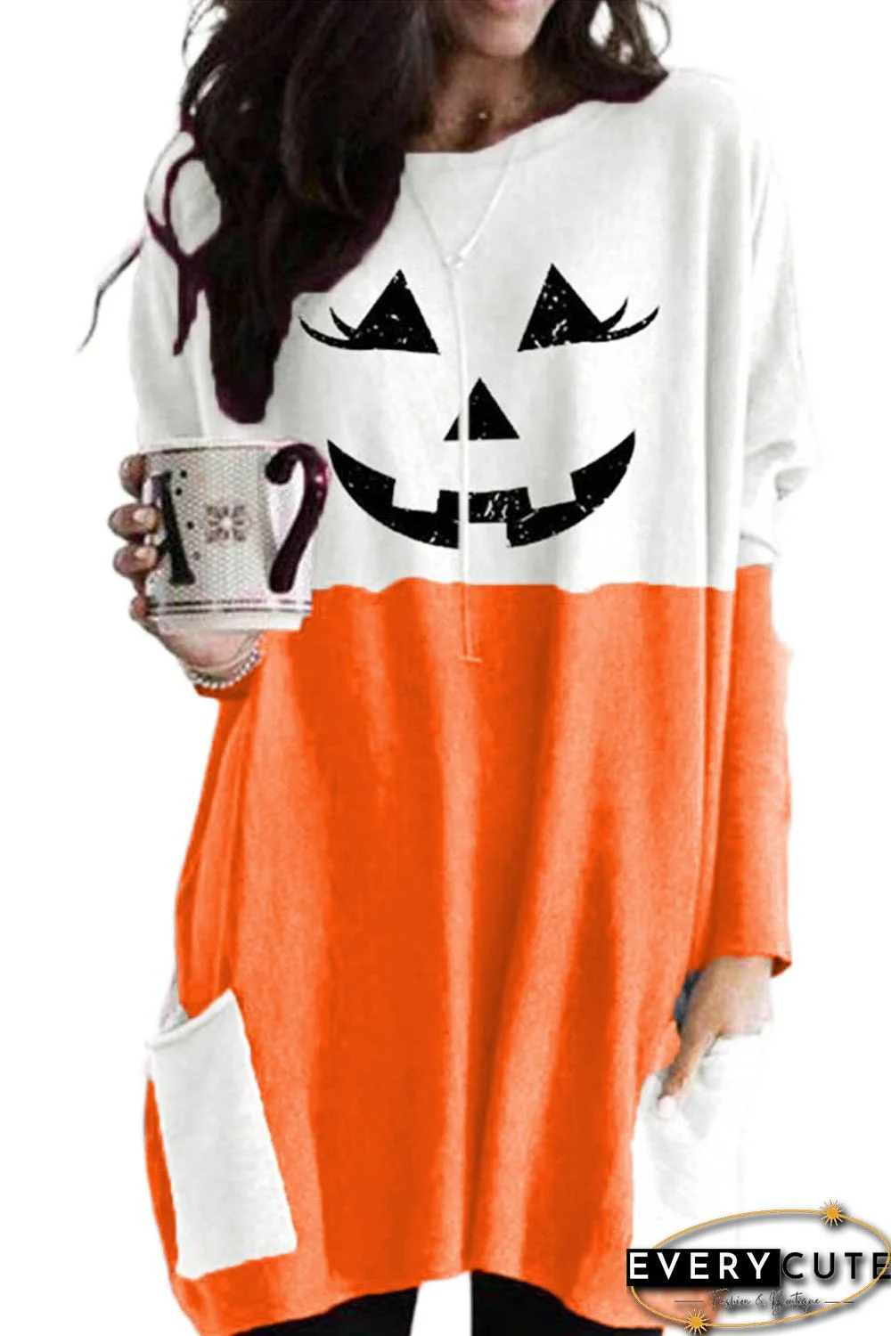 Orange Halloween Print Contrast Tunic Top