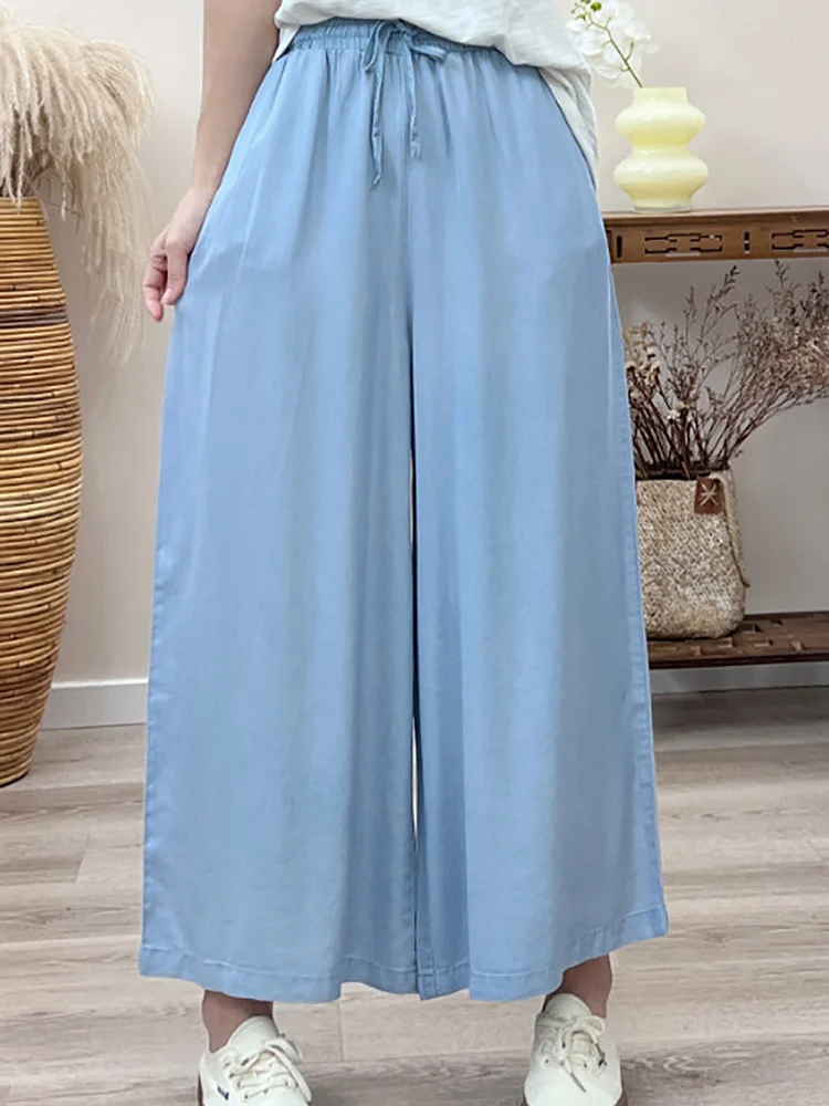 Women Casual Solid Summer Loose Wide-leg Drwastring Pants