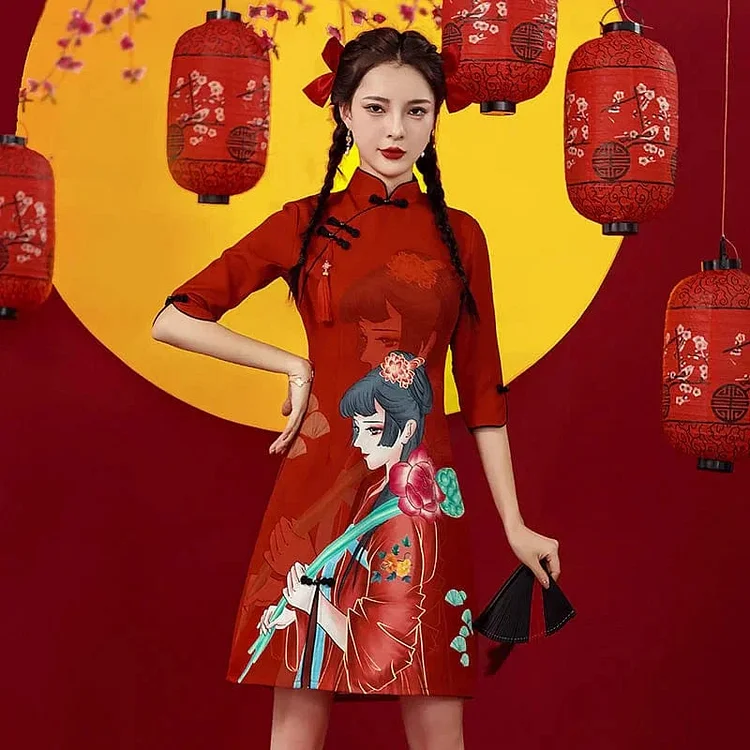 Ancient Flower Girl Print Cheongsam Dress Half Sleeve