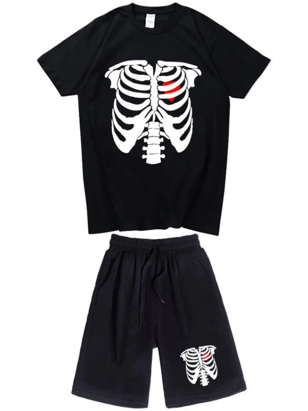 Gothic Dark Casual Sports Two Piece Skeleton Print Short Sleeve Crew Neck Sets