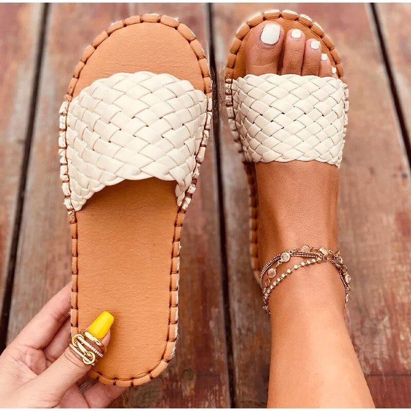 New Summer Women Flat Casual Woven Knitted Sewing Slippers Shoes Women Flip Flops Flat Espadrilles Slides Sandals Slippers Shoes