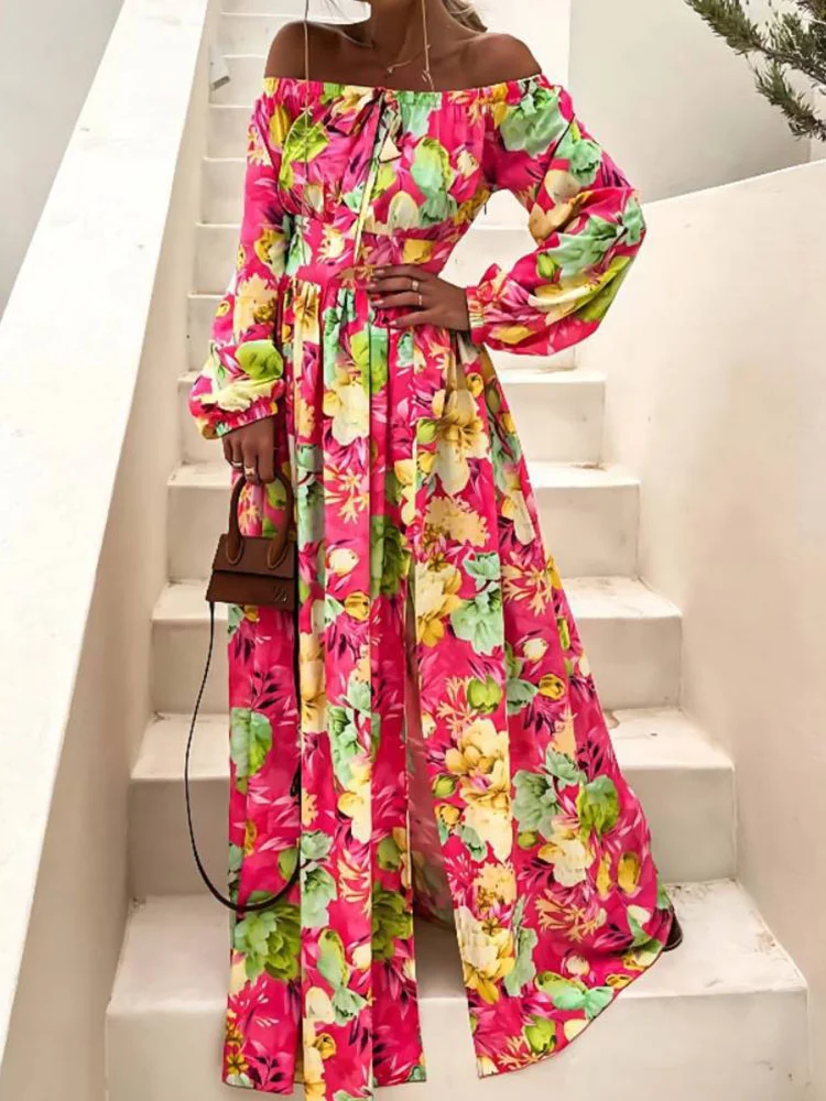 Floral Print Slit Sexy Long Sleeve Fashion One Shoulder Beach Maxi Dress