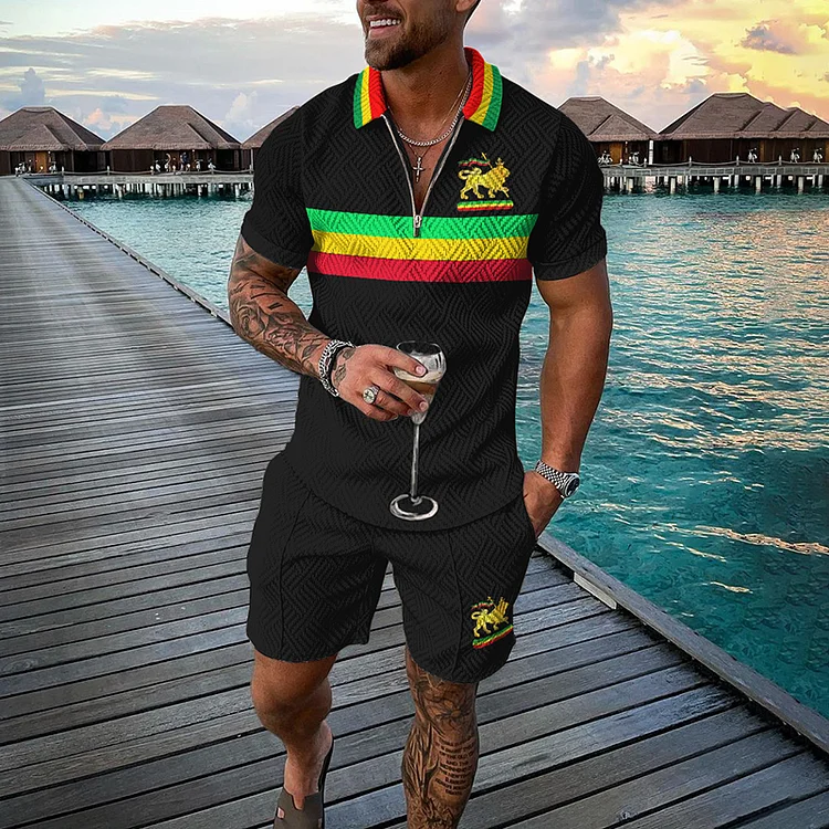 BrosWear Juneteenth Stripes  Rasta Lion Polo Shirt And Shorts Co-Ord