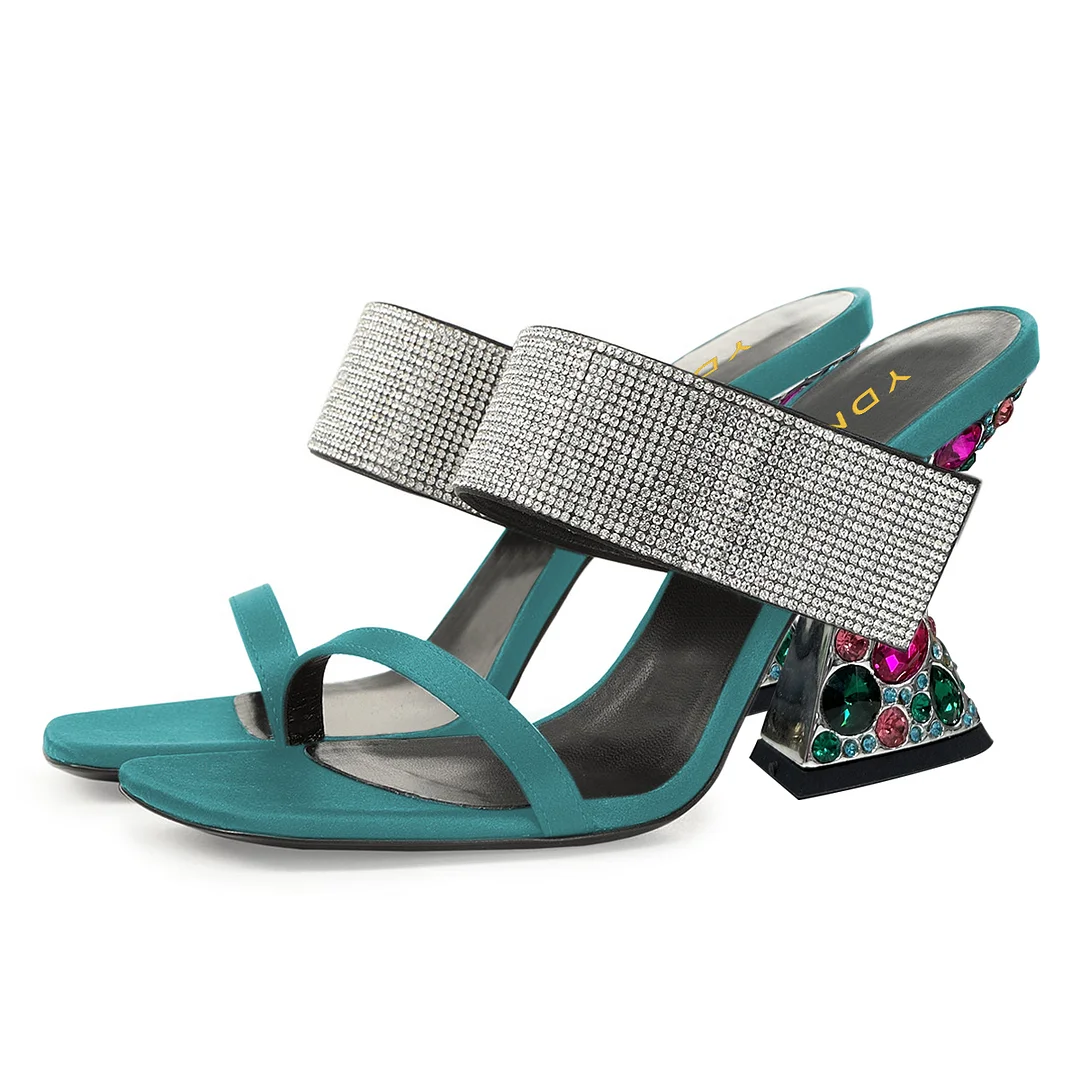 Turquoise Satin Rhinestone Embellished Mules with Sculptural Heel