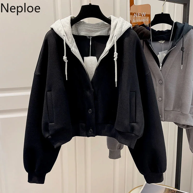 Wongn 2023 Fake Two Piece Hoodies Women Korean Patchwork Hooded Short Outwear Tops Mujer Thicked Loose Casual Y2k Sweatshirt