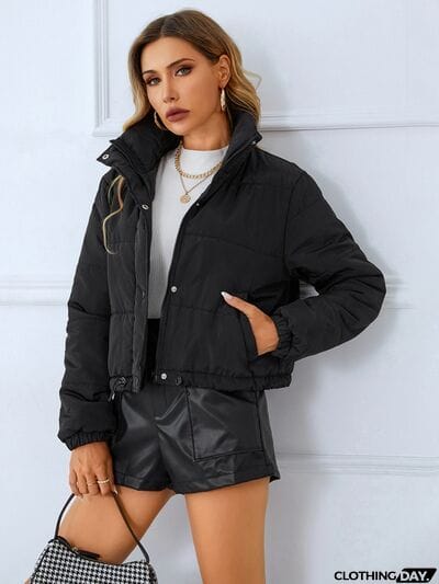 Snap and Zip Closure Drawstring Cropped Winter Coat