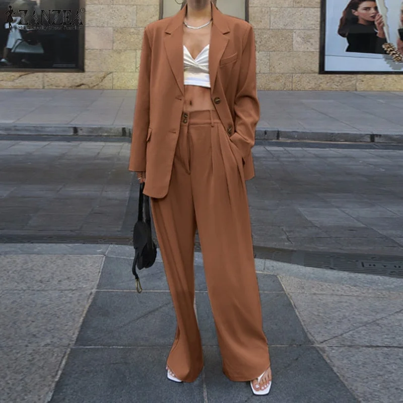 Two Piece Sets Womens Outifits ZANZEA Spring Urban Tracksuit Elegant Blazer Suits Fashion Long Sleeve Tops Wide Leg Pants Sets