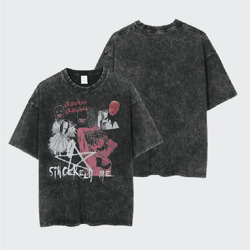 ARTIE Men's | High Street Tide Brand Comic Graffiti Washed Old Men's Short Sleeve T-Shirt Loose Retro Casual T-Shirt Men