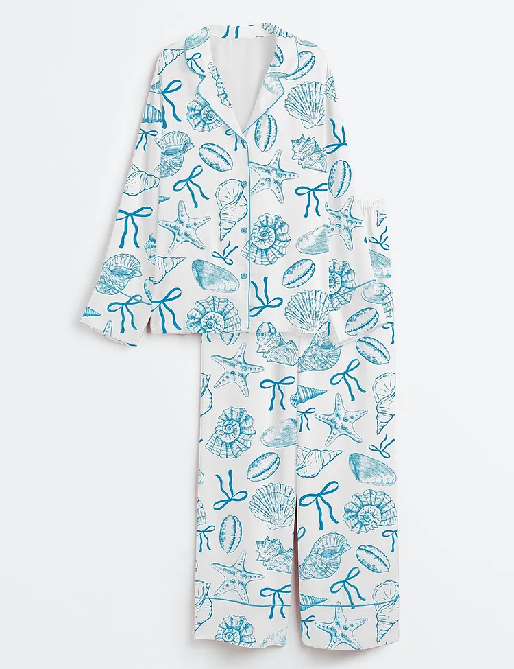 Women&rsquo;s Summer Coquette Bow Sea Girly Ocean Seashells Beach Print Long Sleeve Satin Pajama Set