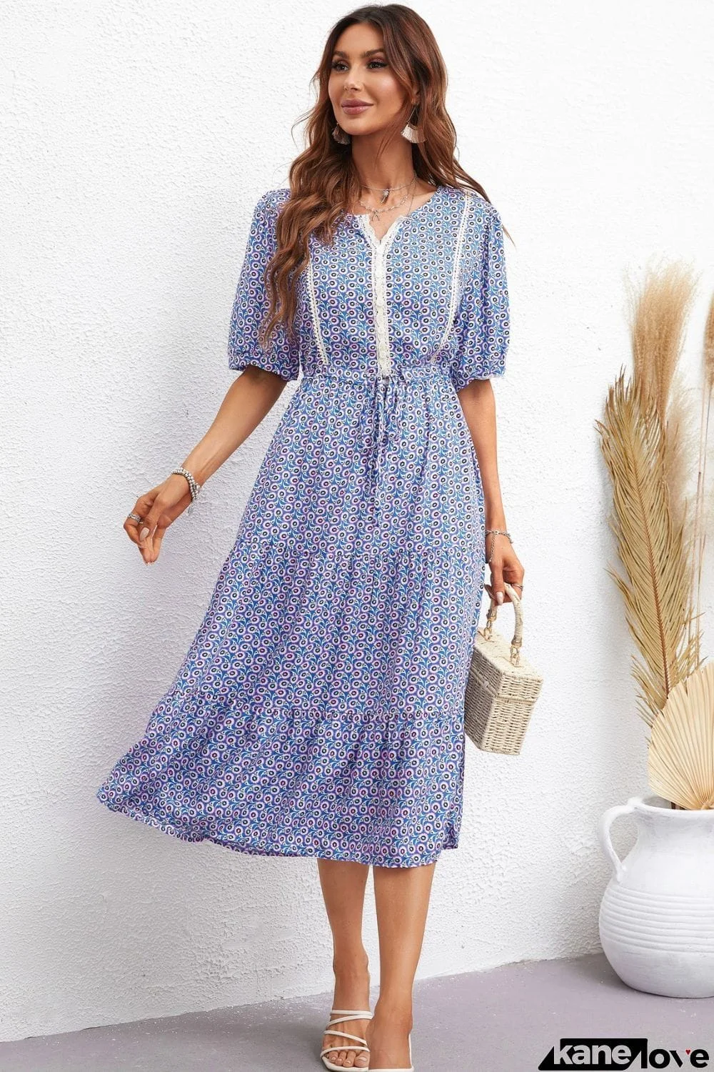 Printed Drawstring Waist Notched Neck Dress