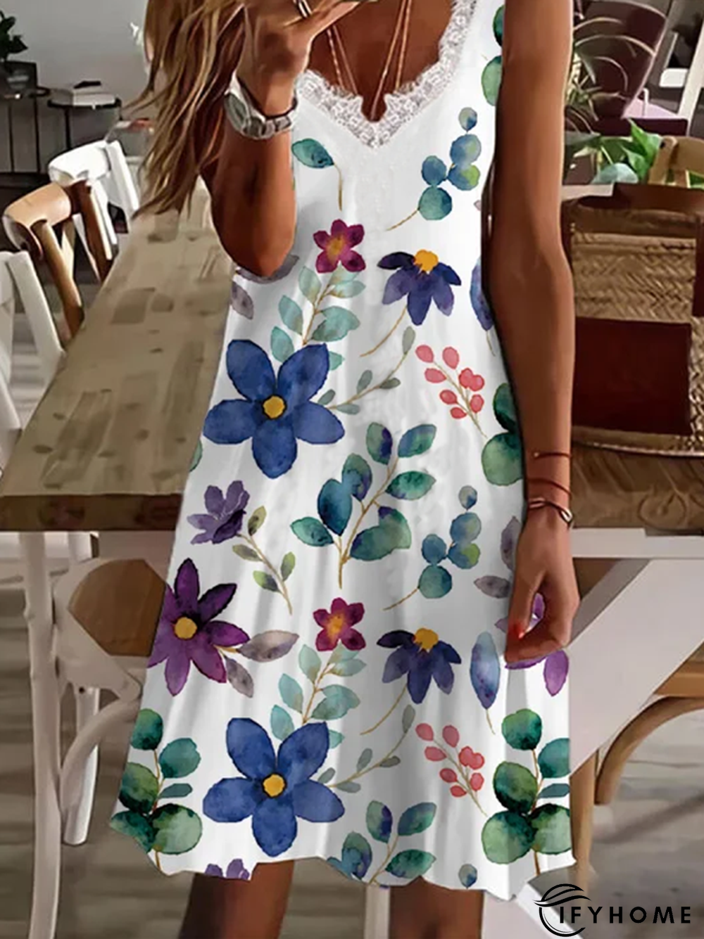 Floral Casual V neck Sleeveless Knit Dress | IFYHOME