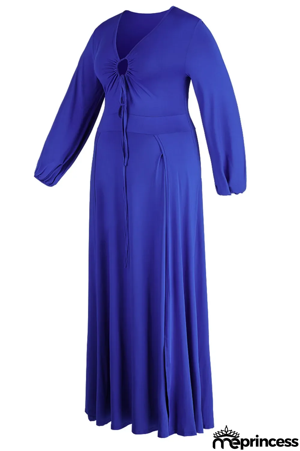 Deep Blue Elegant Solid Split Joint Frenulum High Opening V Neck Long Sleeve Plus Size Dresses