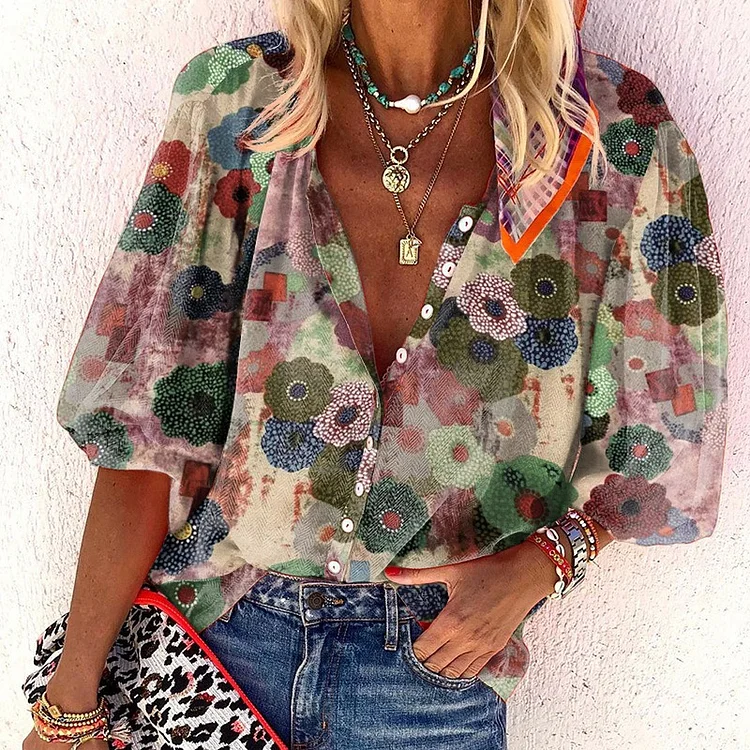  Boho casual print short-sleeved shirt