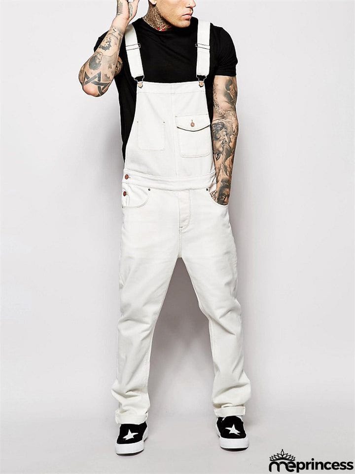 Men's Slim Trendy Solid Color Denim Overalls Jumpsuits