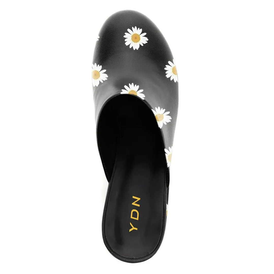 Black Vegan Leather Block Heel Platform Mules with Daisy Print