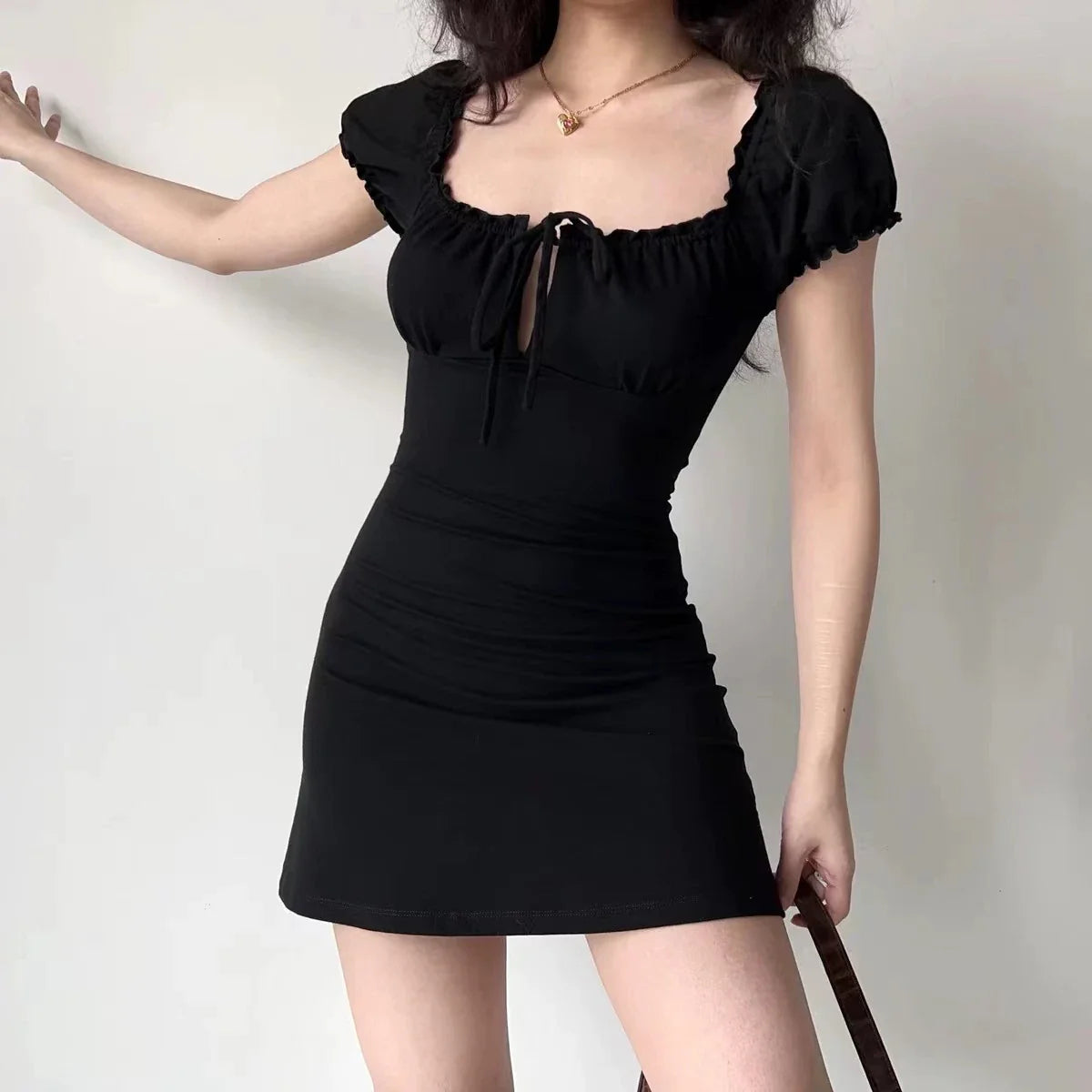 Aiertu DRESS TO IMPRESS Summer Sexy Mini Dress Women Short Sleeved Lace up Hollow Casual Backless Folds Bodycon Black Dress Party Elegant A-LINE Dresses aiertu
