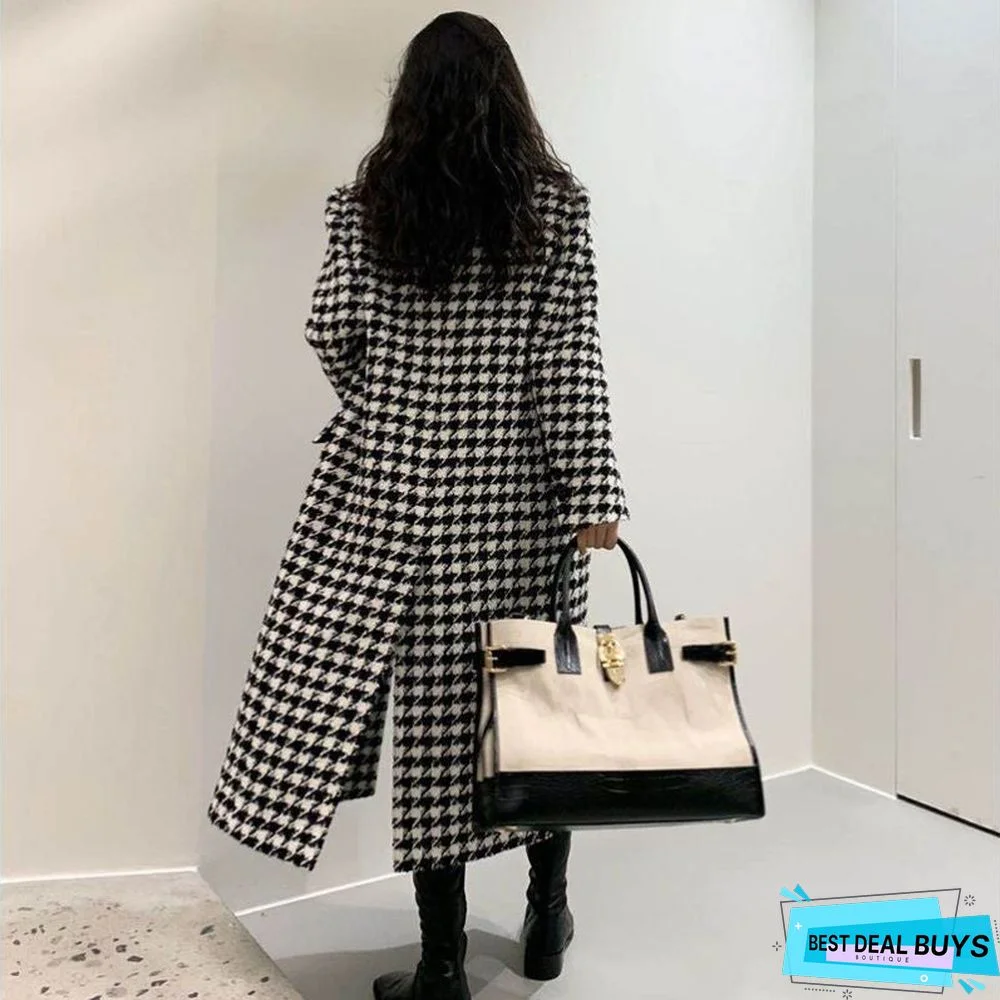 Fashion Classic Thousand Bird Grid Medium Long Over Knee Woolen Coat