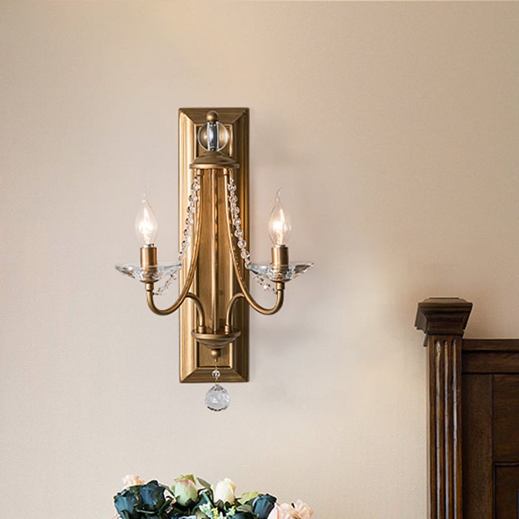2 Lights Candle Wall Lighting Rural Gold/Silver Metal Wall Light Fixture with Crystal Ball for Bedroom