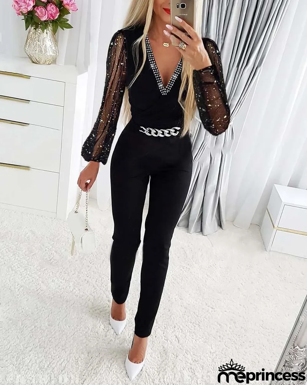 Women Fall Black V-Neck Chain Jumpsuit