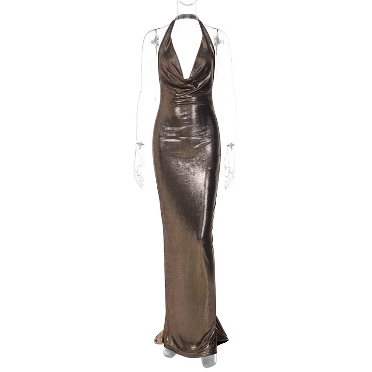 Solid Color Backless Pleated Neck Hanging Dress
