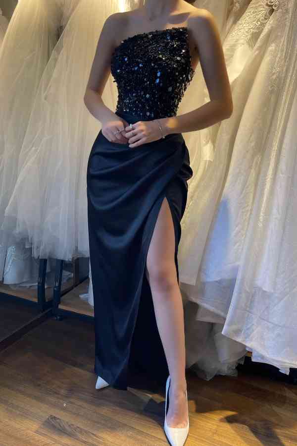 Bellasprom Black Strapless Prom Dress Split Long With Sequins Sleeveless Bellasprom