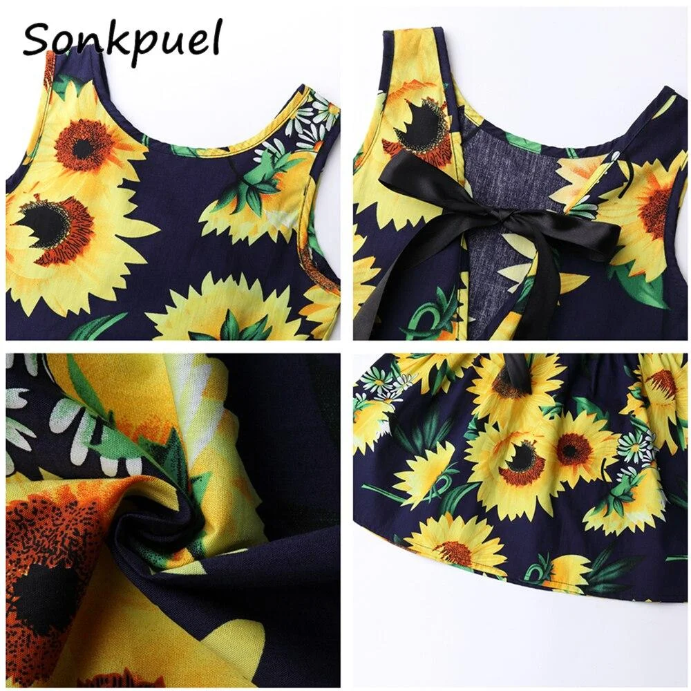Kids Dress Summer Girl Flower Print Bowknot Back Straps Princess Dress Children Sleeveless Cotton Dresses Baby Girls Clothes