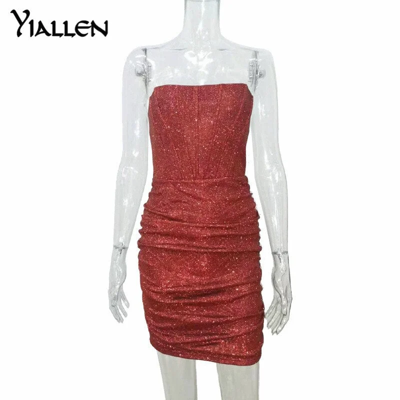 Yiallen Women Sequins Mini Party Dresses Summer Strapless Fashion Solid Sleeveless With Fishbone Mini Skinny Dress High Quality