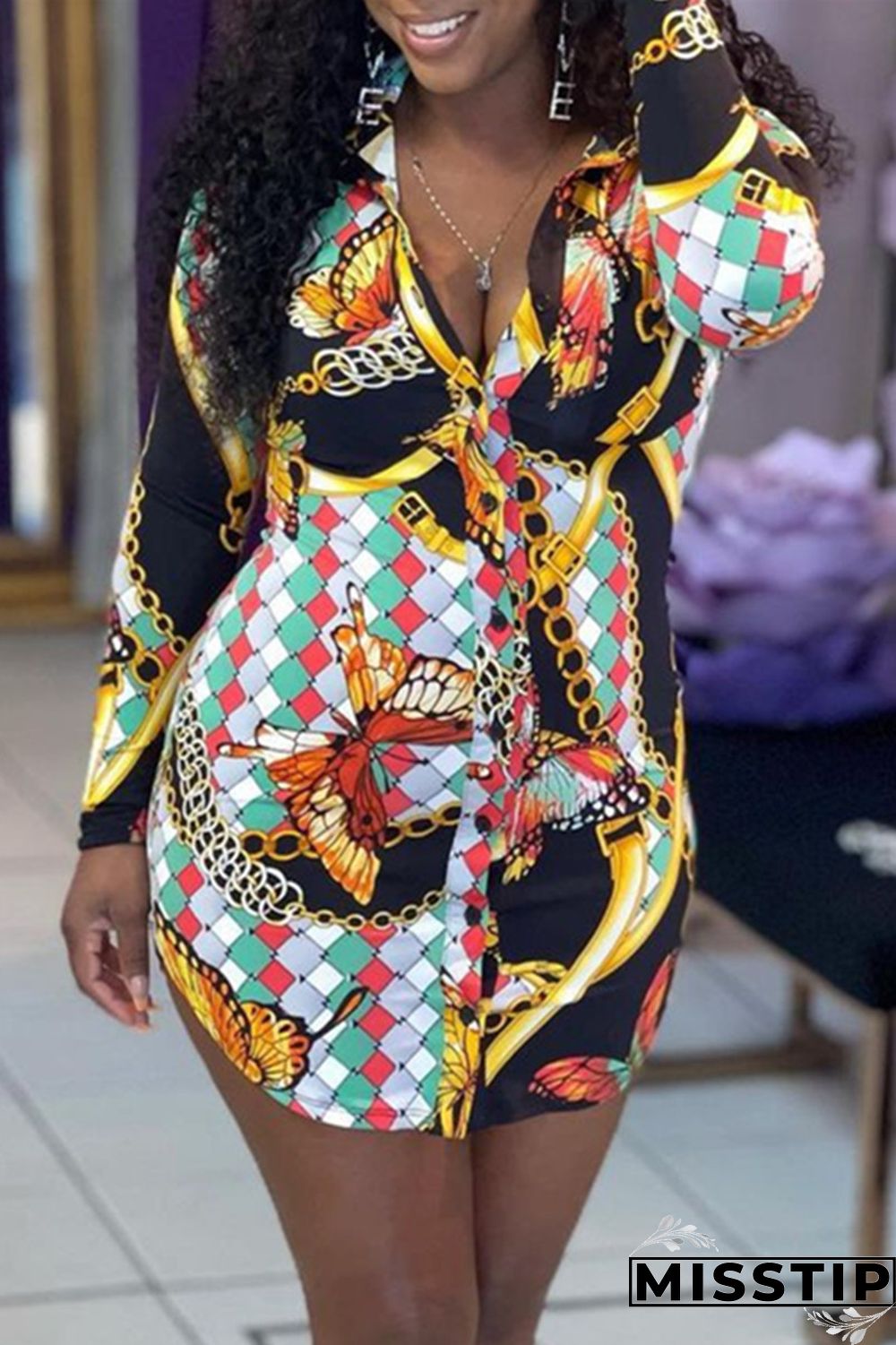 Black Fashion Casual Print Basic Turndown Collar Long Sleeve Dresses
