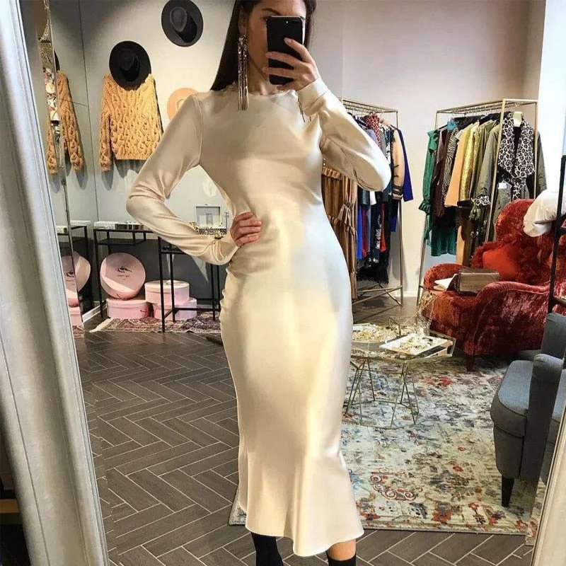Women's New  Solid Long Dress Ladies Satin Elegant Bag Hip Mermaid Party Dress Long Sleeve Fingerless O-Neck Fashion Woman Dress