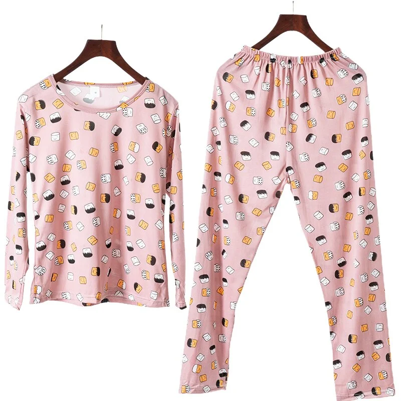 Spring / Summer New Sleepwear Cotton Long-sleeved Trousers Ladies Pajamas Suit Simple Style Women Long Pajamas Teenager