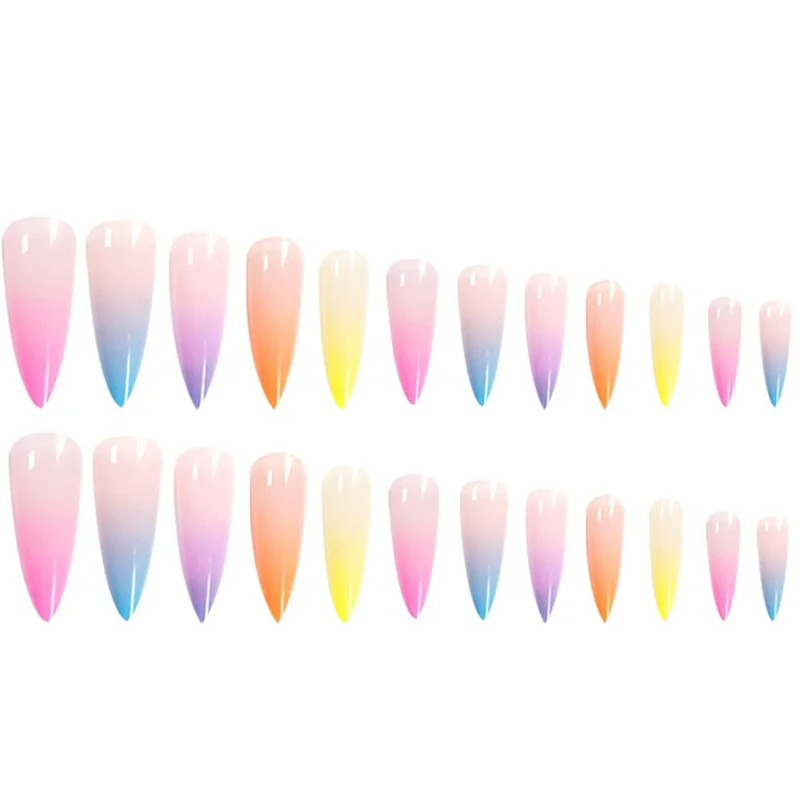 Long Stiletto Fake Nails Rainbow Color Full Cover False Nails with Sticker Nail Decoration Artificial Nail Art Tips Faux Ongles-Nail Inspo
