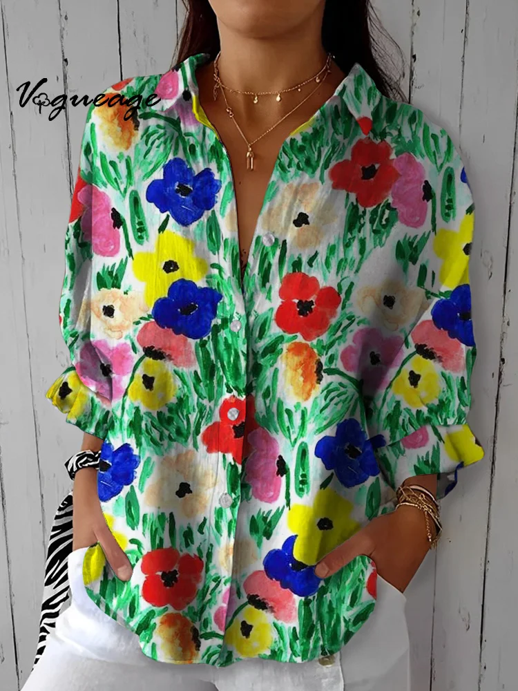 Fashion Hand Drawn Colorful Flowers Printed Cotton And Linen Shirt