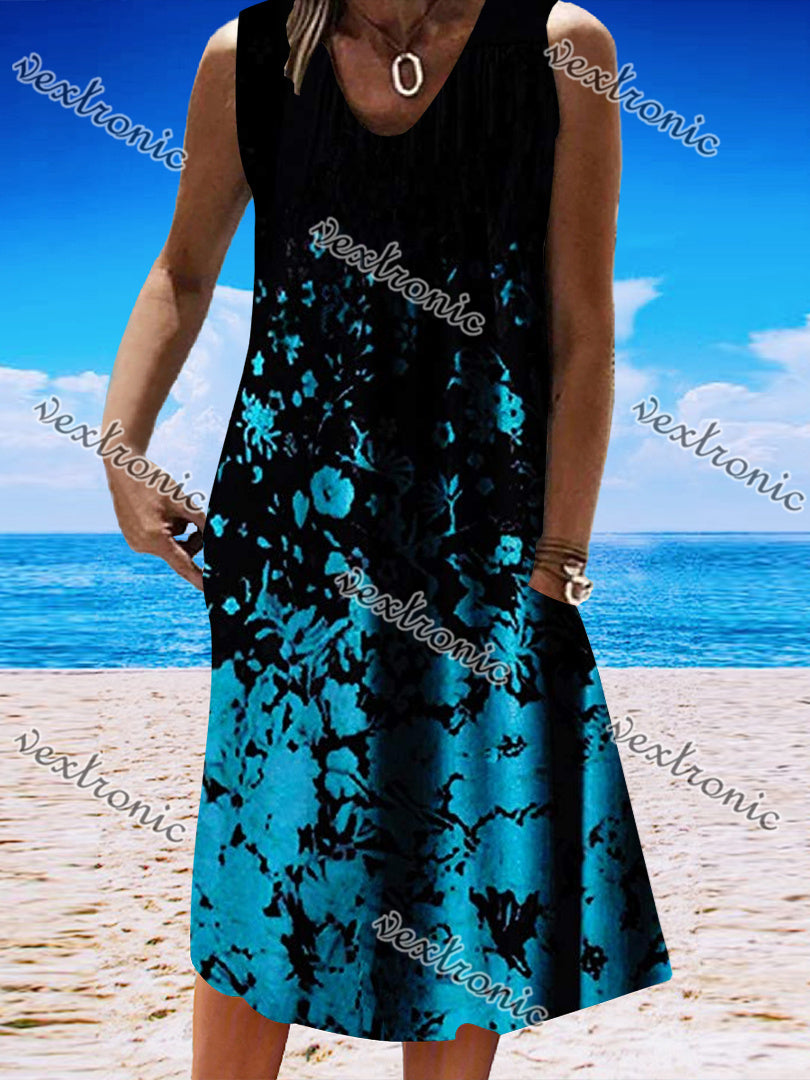 Women's Black V-Neck Sleeveless Graphic Floral Printed Midi Dress