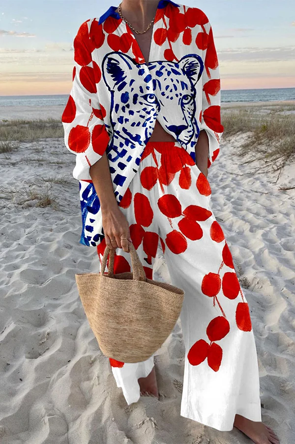 Polka Dot Leopard Print Oversized Shirt and Elastic Waist Pocket Pants Set